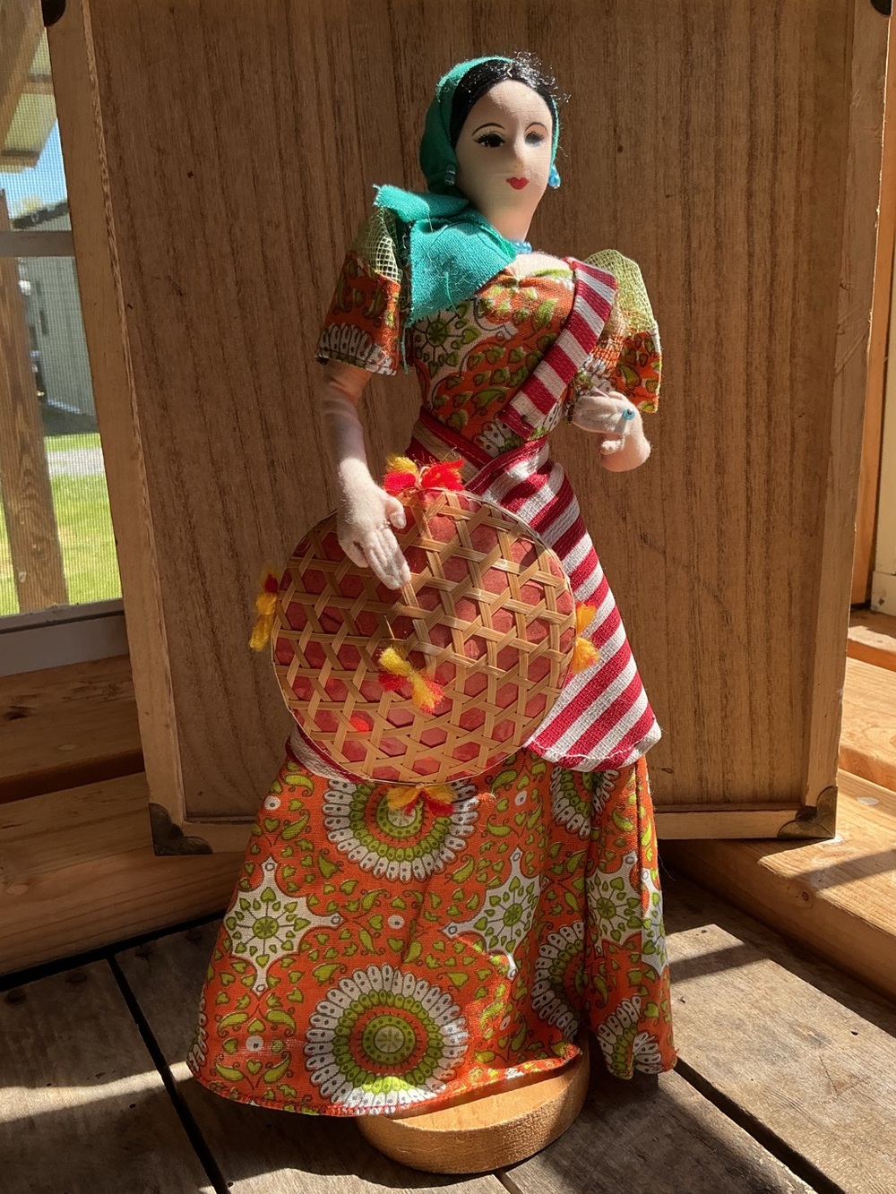 Handmade Vintage Folk Art Doll in Orange Floral Dress Green Headscarf straw hat